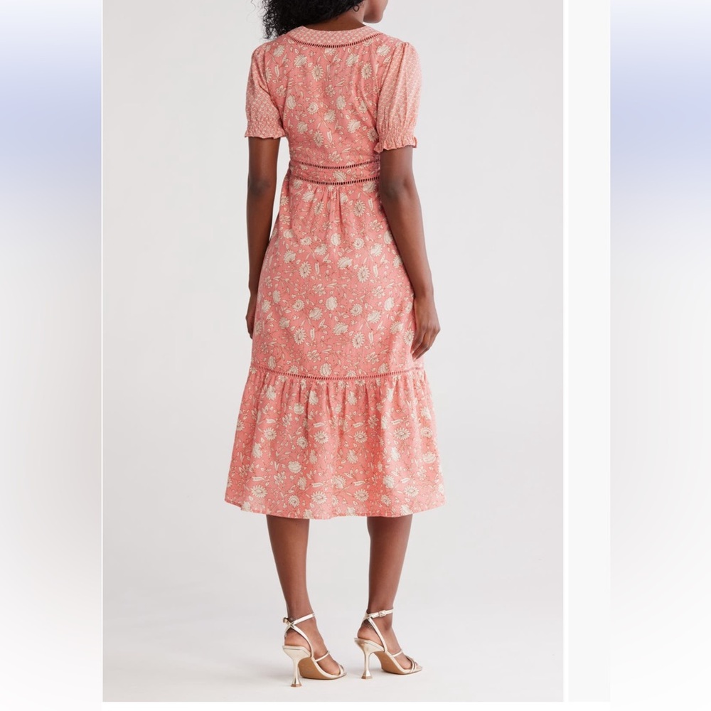 Maisie Puff Sleeve -Coral Midi Dress with Crochet Trim- NWT! - Picture 2 of 3